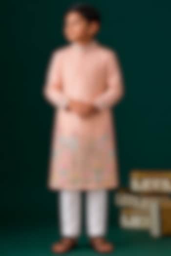 Peach Tussar Hand & Machine Embroidered Kurta Set For Boys by Sammohan Kids at Pernia's Pop Up Shop