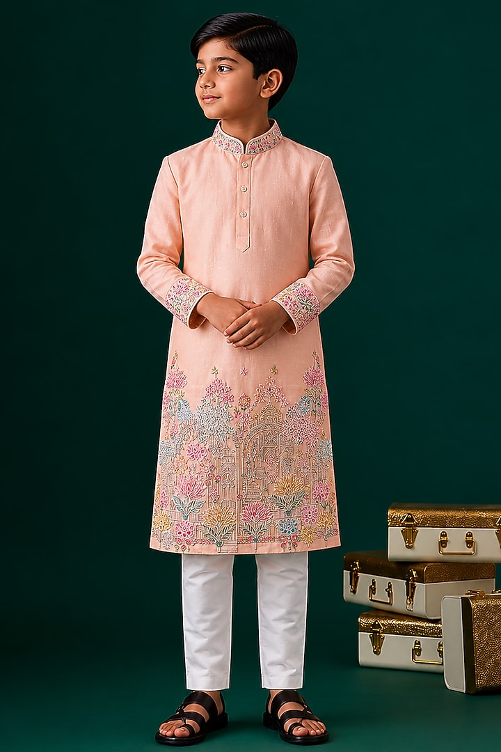 Peach Tussar Hand & Machine Embroidered Kurta Set For Boys by Sammohan Kids at Pernia's Pop Up Shop
