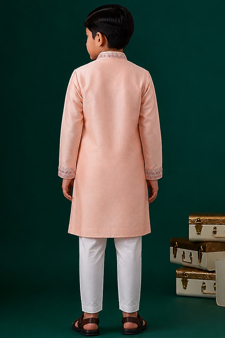 Peach Tussar Hand & Machine Embroidered Kurta Set For Boys by Sammohan Kids at Pernia's Pop Up Shop