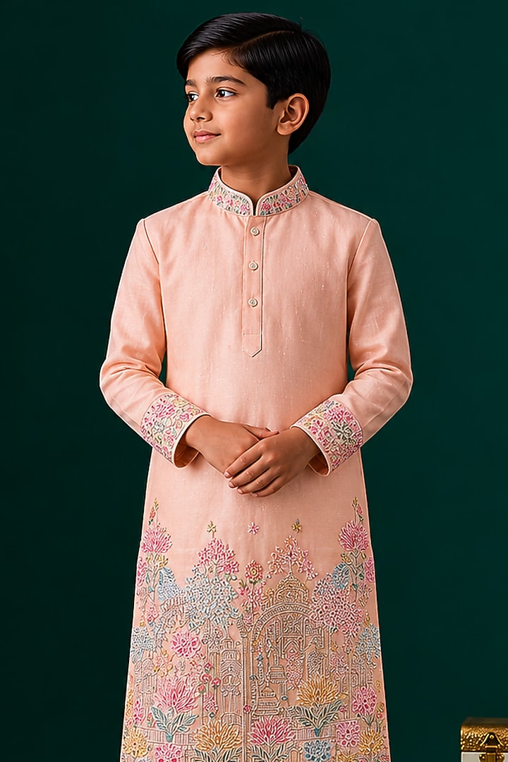 Peach Tussar Hand & Machine Embroidered Kurta Set For Boys by Sammohan Kids at Pernia's Pop Up Shop