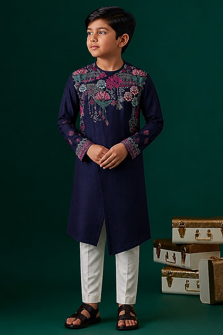 Blue Tussar Hand & Machine Embroidered Kurta Set For Boys by Sammohan Kids at Pernia's Pop Up Shop