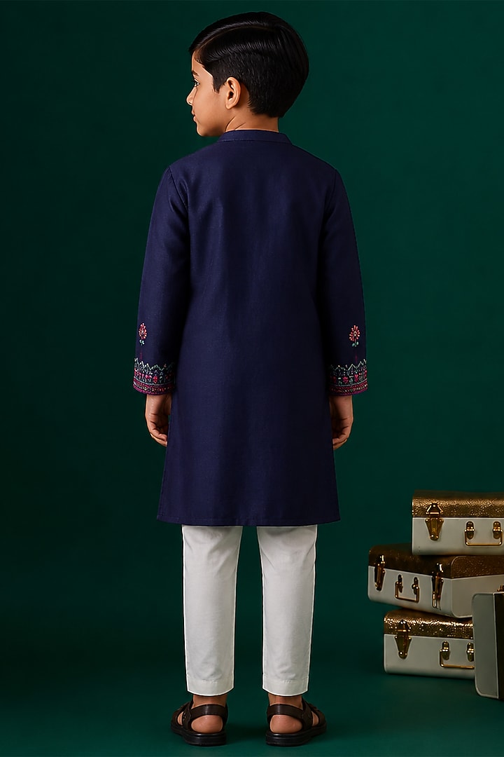 Blue Tussar Hand & Machine Embroidered Kurta Set For Boys by Sammohan Kids at Pernia's Pop Up Shop