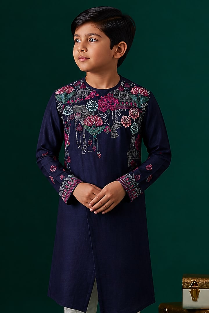 Blue Tussar Hand & Machine Embroidered Kurta Set For Boys by Sammohan Kids at Pernia's Pop Up Shop
