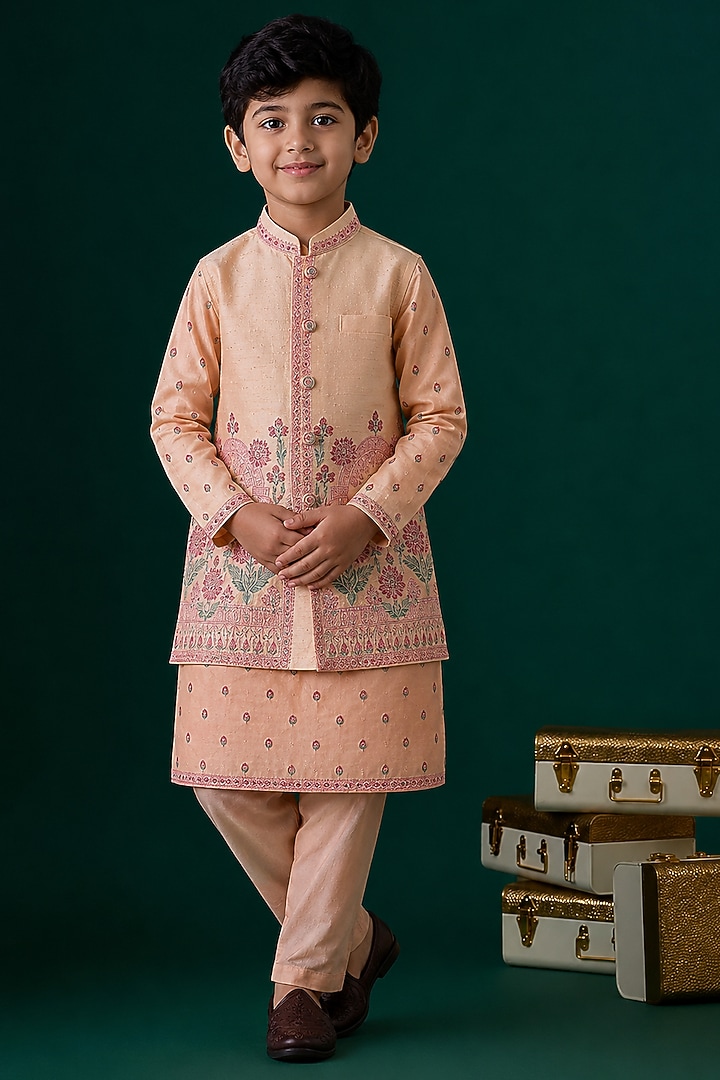 Peach Tussar & Raw Silk Embroidered Bundi Jacket Set For Boys by Sammohan Kids at Pernia's Pop Up Shop