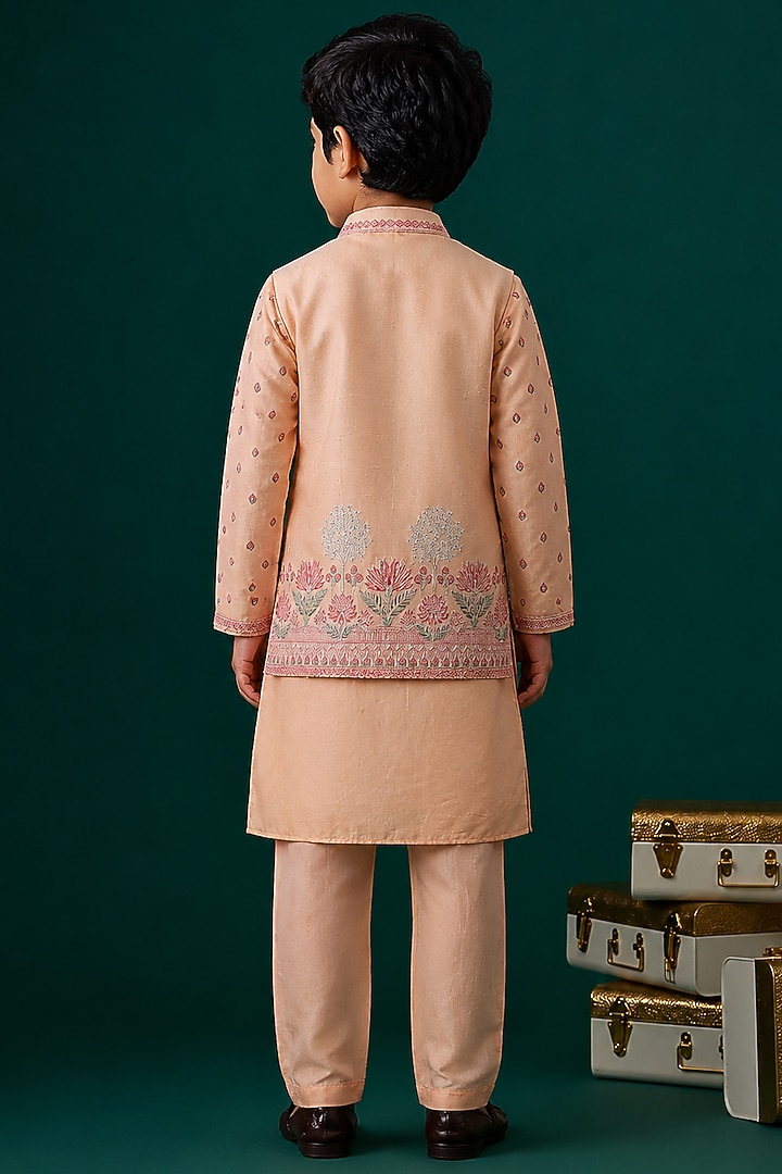 Peach Tussar & Raw Silk Embroidered Bundi Jacket Set For Boys by Sammohan Kids at Pernia's Pop Up Shop