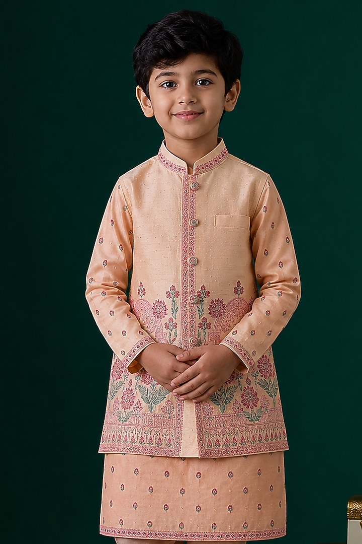 Peach Tussar & Raw Silk Embroidered Bundi Jacket Set For Boys by Sammohan Kids at Pernia's Pop Up Shop