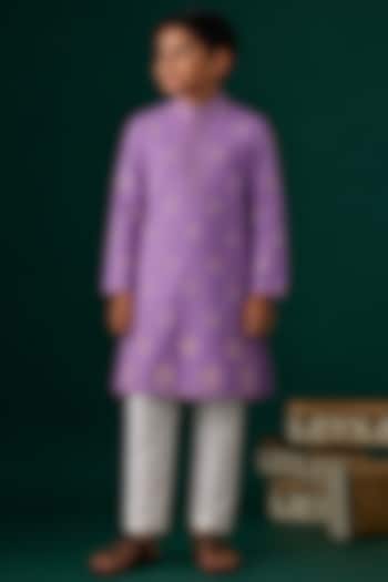 Purple Tussar Hand & Machine Embroidered Kurta Set For Boys by Sammohan Kids at Pernia's Pop Up Shop