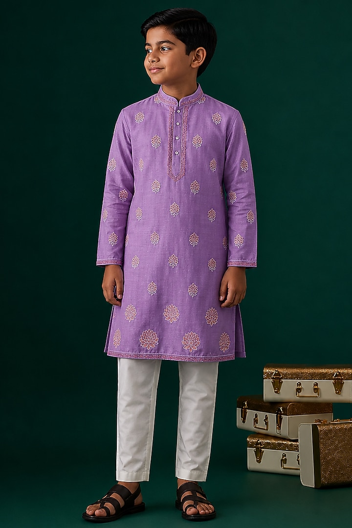 Purple Tussar Hand & Machine Embroidered Kurta Set For Boys by Sammohan Kids at Pernia's Pop Up Shop