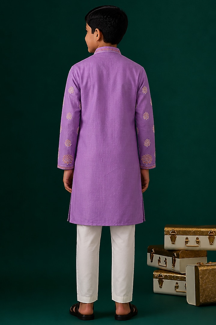 Purple Tussar Hand & Machine Embroidered Kurta Set For Boys by Sammohan Kids at Pernia's Pop Up Shop