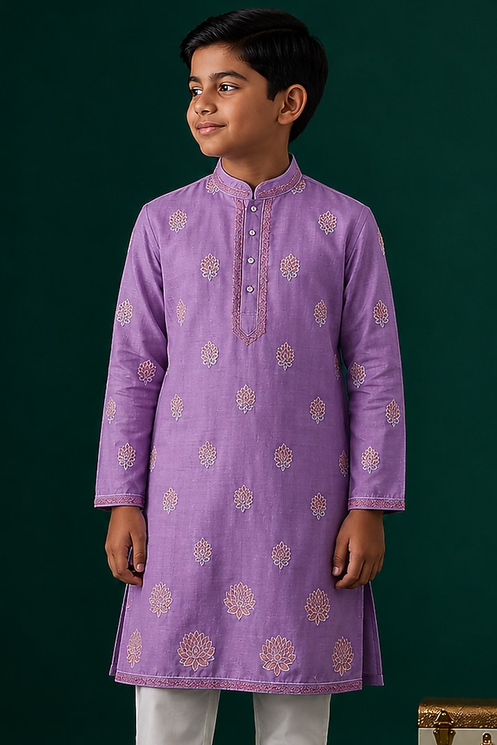 Purple Tussar Hand & Machine Embroidered Kurta Set For Boys by Sammohan Kids at Pernia's Pop Up Shop