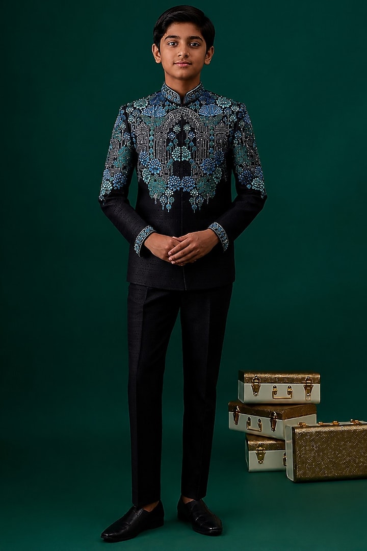 Black Tussar Embroidered Bandhgala Set For Boys by Sammohan Kids at Pernia's Pop Up Shop