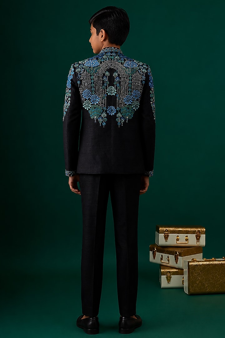 Black Tussar Embroidered Bandhgala Set For Boys by Sammohan Kids at Pernia's Pop Up Shop