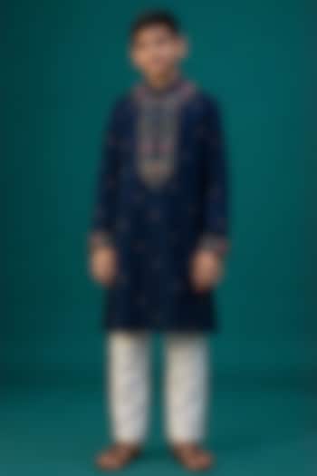 Teal Tussar Thread Work Kurta Set For Boys by Sammohan Kids at Pernia's Pop Up Shop