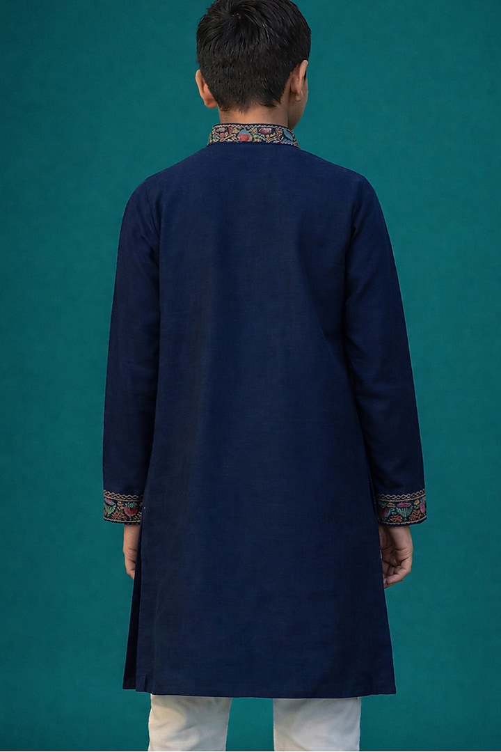 Teal Tussar Thread Work Kurta Set For Boys by Sammohan Kids at Pernia's Pop Up Shop