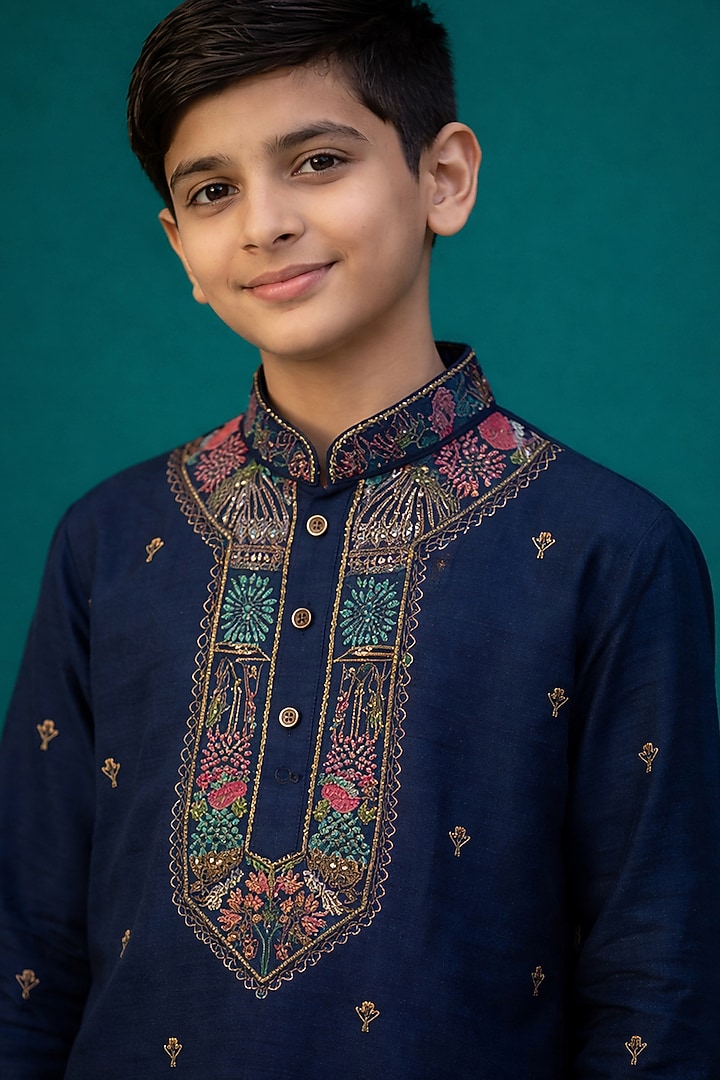 Teal Tussar Thread Work Kurta Set For Boys by Sammohan Kids at Pernia's Pop Up Shop