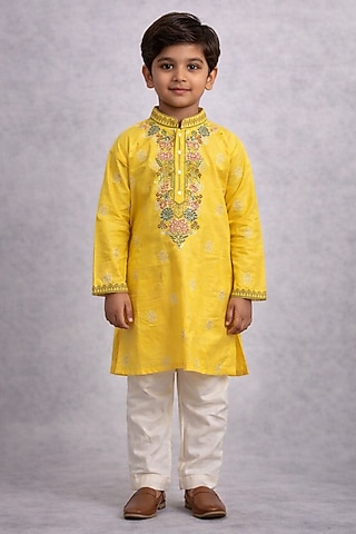 Yellow Tussar Kurta Set For Boys by Sammohan Kids