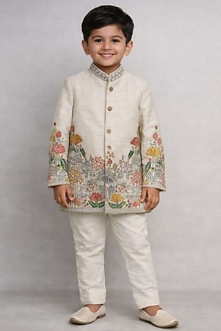 Ivory Tussar Thread Work Sherwani Set For Boys by Sammohan Kids