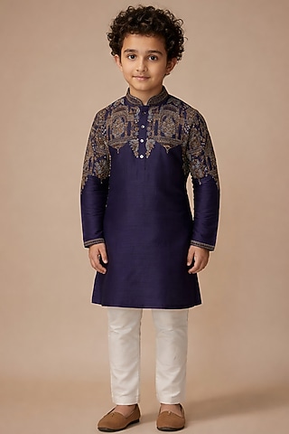 Navy Blue Tussar Thread Work Kurta Set For Boys by Sammohan Kids