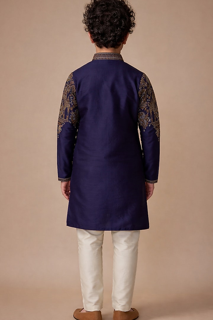 Navy Blue Tussar Thread Work Kurta Set For Boys by Sammohan Kids at Pernia's Pop Up Shop