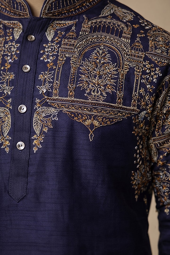Navy Blue Tussar Thread Work Kurta Set For Boys by Sammohan Kids at Pernia's Pop Up Shop
