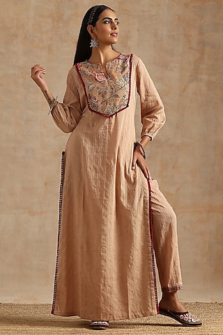 Beige Cotton Jaal Digital Printed Kurta Set by Samvrih