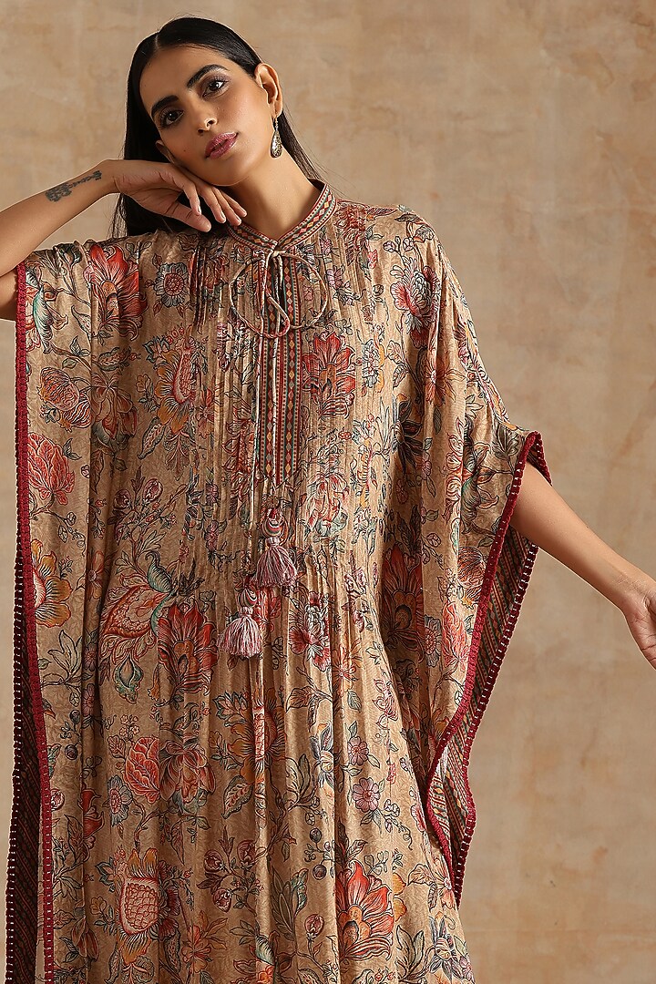 Beige Muslin Jaal Digital Printed Kaftan by Samvrih at Pernia's Pop Up Shop