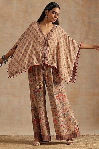 Beige Muslin Jaal Digital Printed Palazzo Pant Set by Samvrih