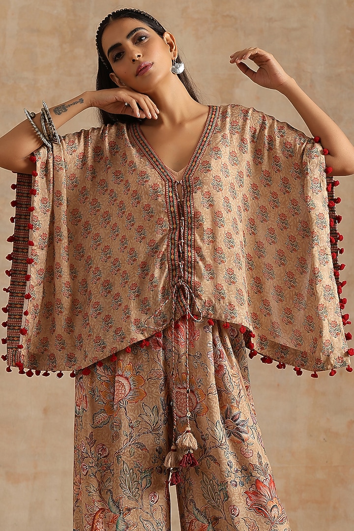 Beige Muslin Jaal Digital Printed Palazzo Pant Set by Samvrih at Pernia's Pop Up Shop