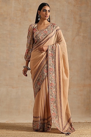 Beige Organza Digital Printed Saree Set by Samvrih
