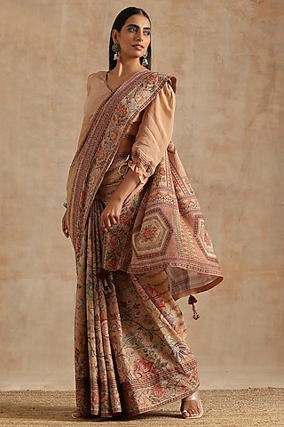 Beige Muslin Printed Saree Set by Samvrih