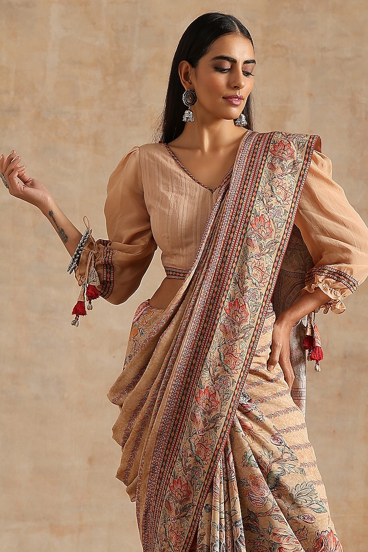 Beige Muslin Printed Festive Saree Set by Samvrih at Pernia's Pop Up Shop