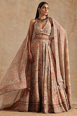 Beige Muslin Jaal Digital Printed Lehenga Set by Samvrih