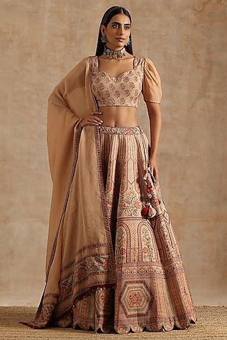 Beige Chanderi Digital Printed Kalidar Lehenga Set by Samvrih
