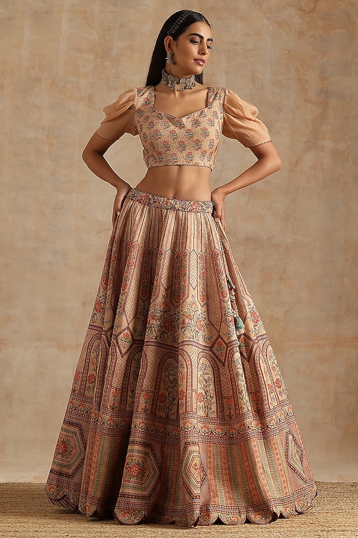 Beige Chanderi Digital Printed Kalidar Wedding Lehenga Set by Samvrih at Pernia's Pop Up Shop