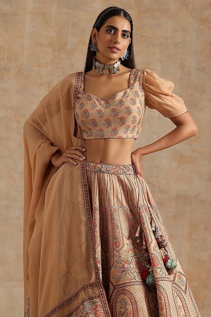 Beige Chanderi Digital Printed Kalidar Wedding Lehenga Set by Samvrih at Pernia's Pop Up Shop