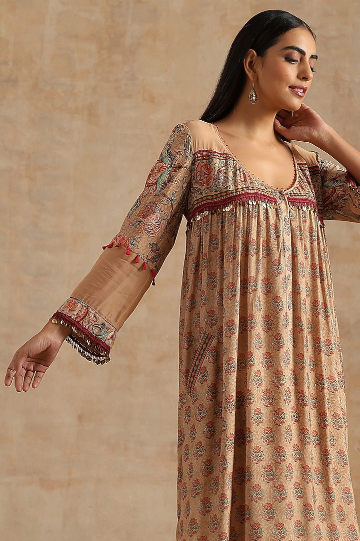 Beige Muslin Digital Printed Midi Summer Dress by Samvrih at Pernia's Pop Up Shop
