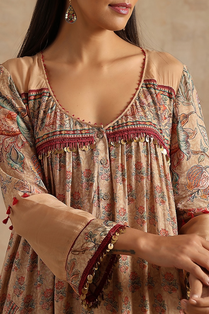 Beige Muslin Digital Printed Midi Summer Dress by Samvrih at Pernia's Pop Up Shop