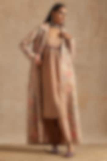 Beige Muslin Jaal Digital Printed Jacket Dress by Samvrih