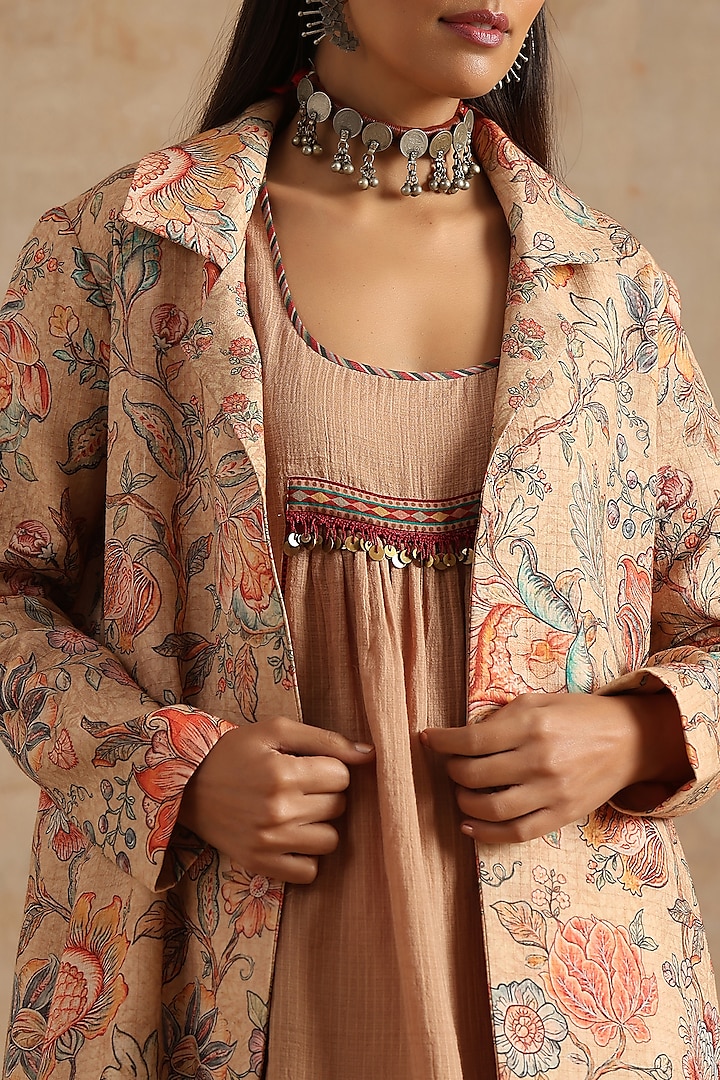 Beige Muslin Jaal Digital Printed Jacket Vacation Dress by Samvrih at Pernia's Pop Up Shop