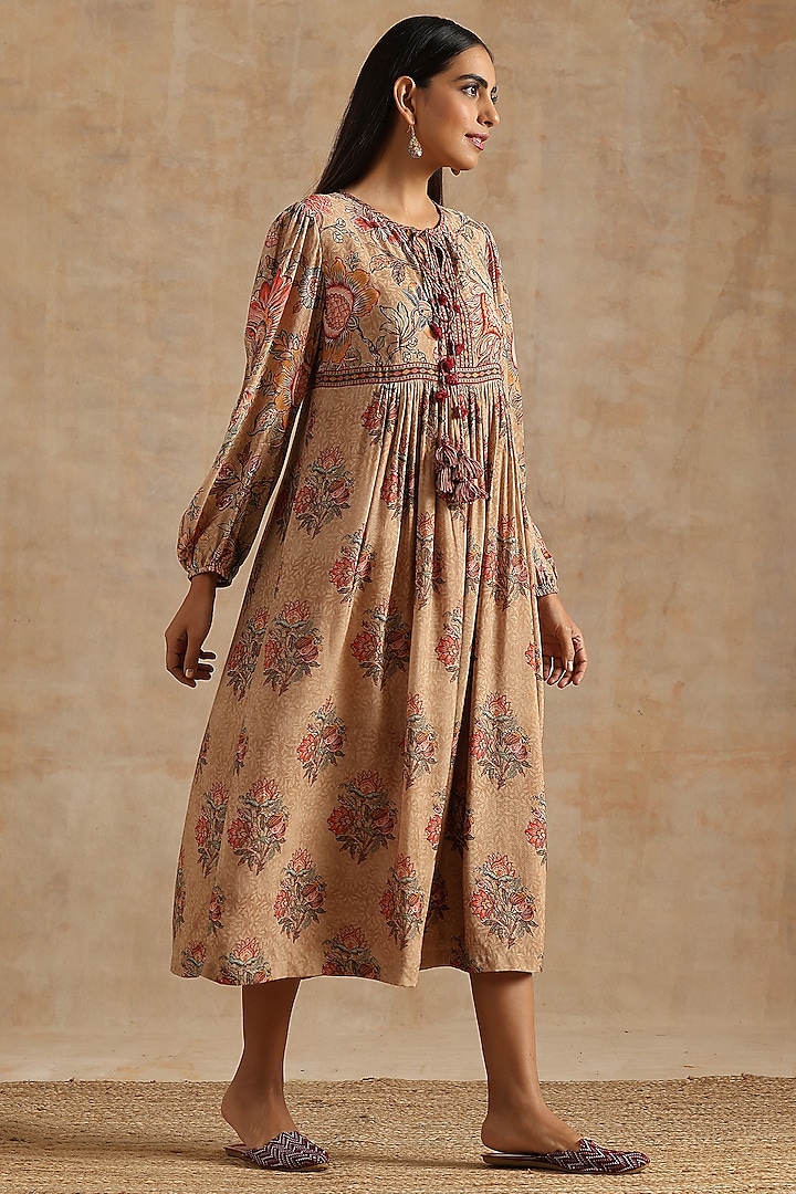 Beige Muslin Digital Printed Midi Dress by Samvrih