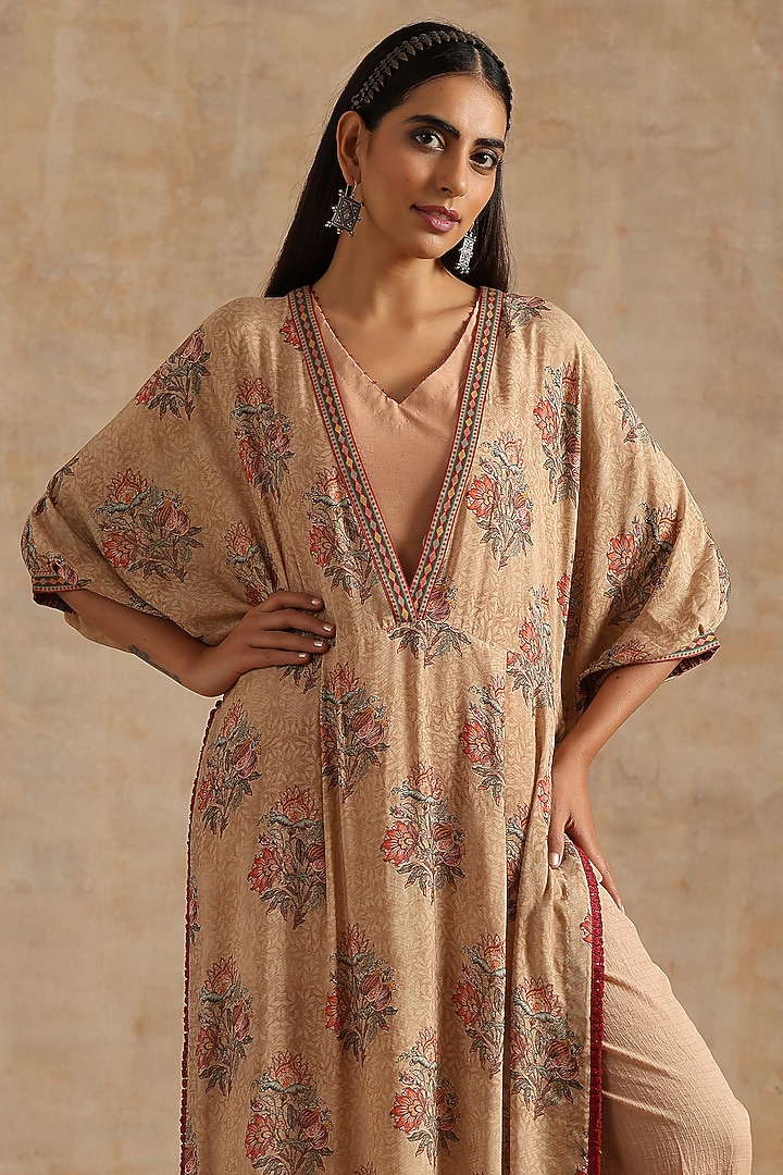 Beige Muslin Digital Printed Kaftan Set by Samvrih at Pernia's Pop Up Shop
