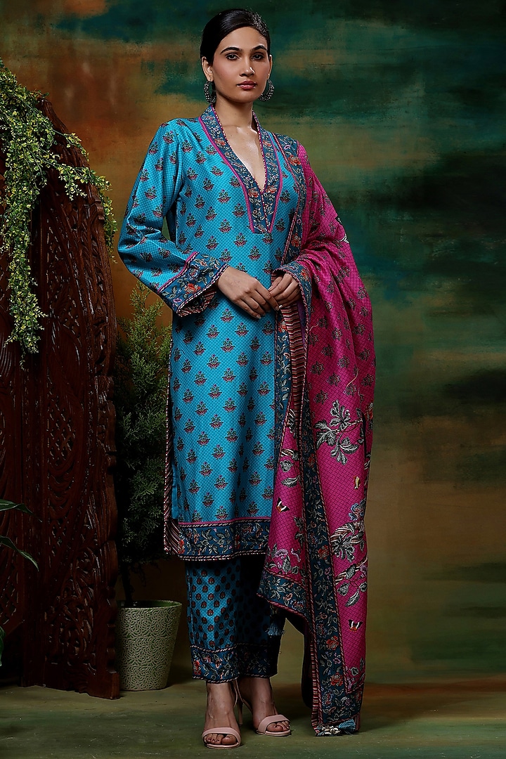 Blue & Pink Chanderi Silk Digital Printed Kurta Set by Samvrih