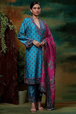 Blue & Pink Chanderi Silk Digital Printed Kurta Set by Samvrih