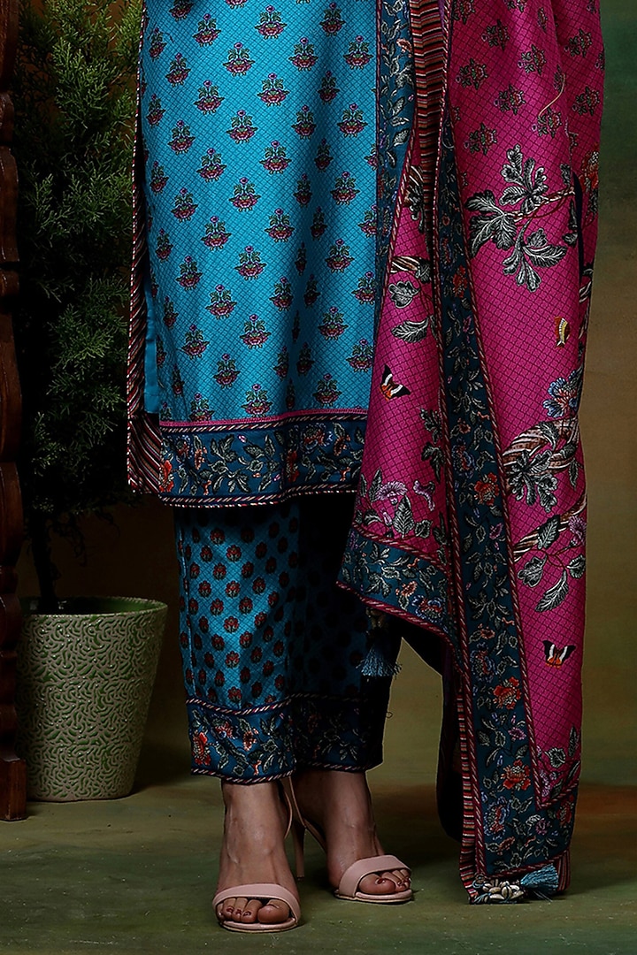 Blue & Pink Chanderi Silk Digital Printed Kurta Set by Samvrih at Pernia's Pop Up Shop