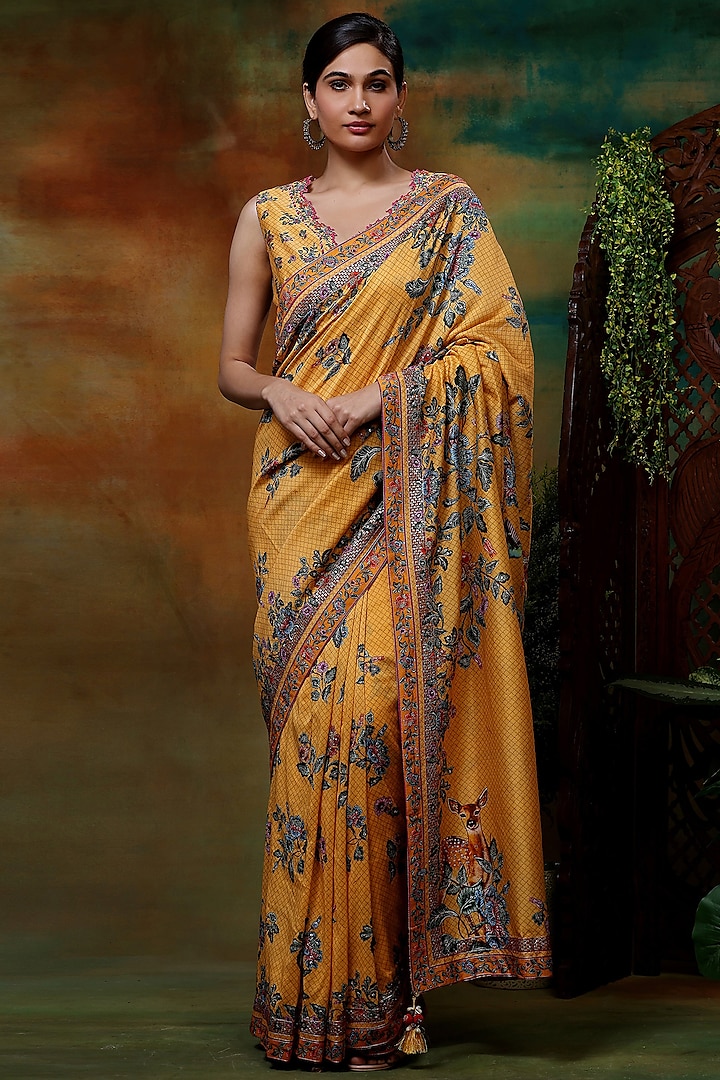 Yellow Chanderi Silk Printed & Hand Embroidered Saree Set by Samvrih
