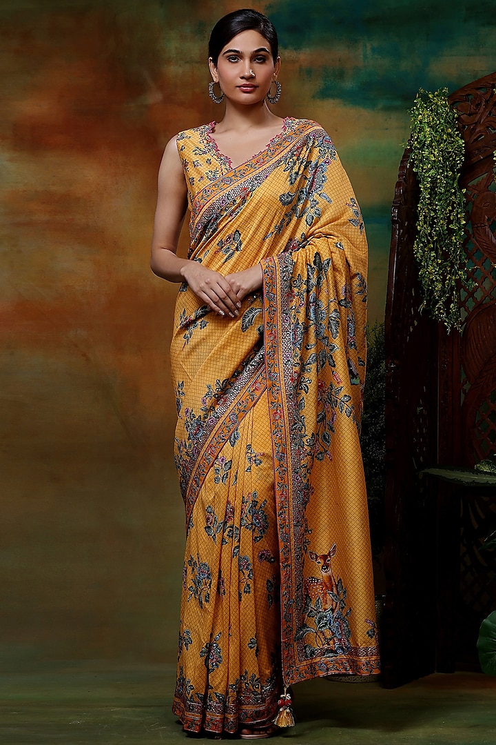 Yellow Chanderi Silk Printed & Hand Embroidered Saree Set by Samvrih at Pernia's Pop Up Shop