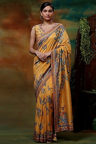 Yellow Chanderi Silk Printed & Hand Embroidered Saree Set by Samvrih