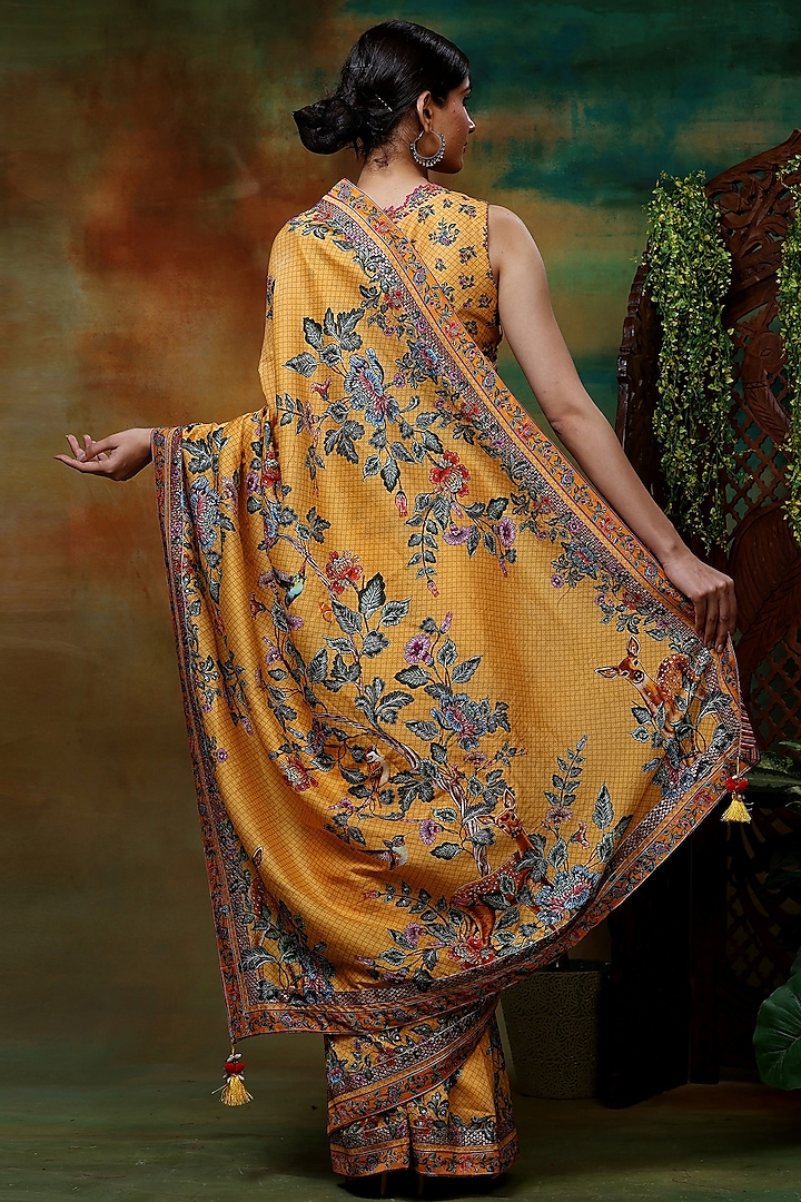 Yellow Chanderi Silk Printed & Hand Embroidered Party Wear Saree Set by Samvrih at Pernia's Pop Up Shop