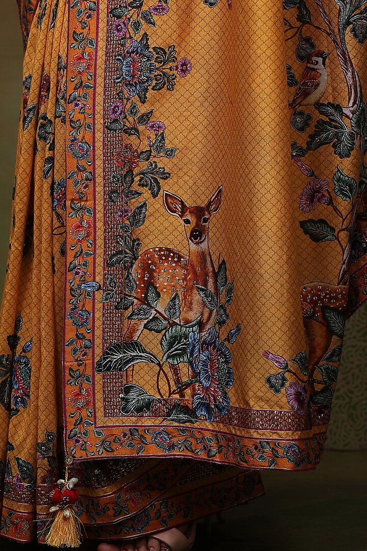 Yellow Chanderi Silk Printed & Hand Embroidered Party Wear Saree Set by Samvrih at Pernia's Pop Up Shop