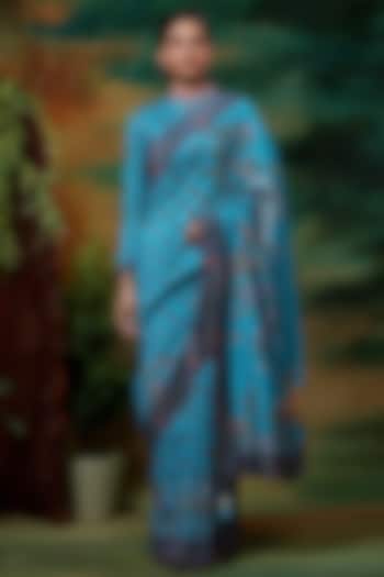 Blue Chanderi Silk Printed Saree Set by Samvrih